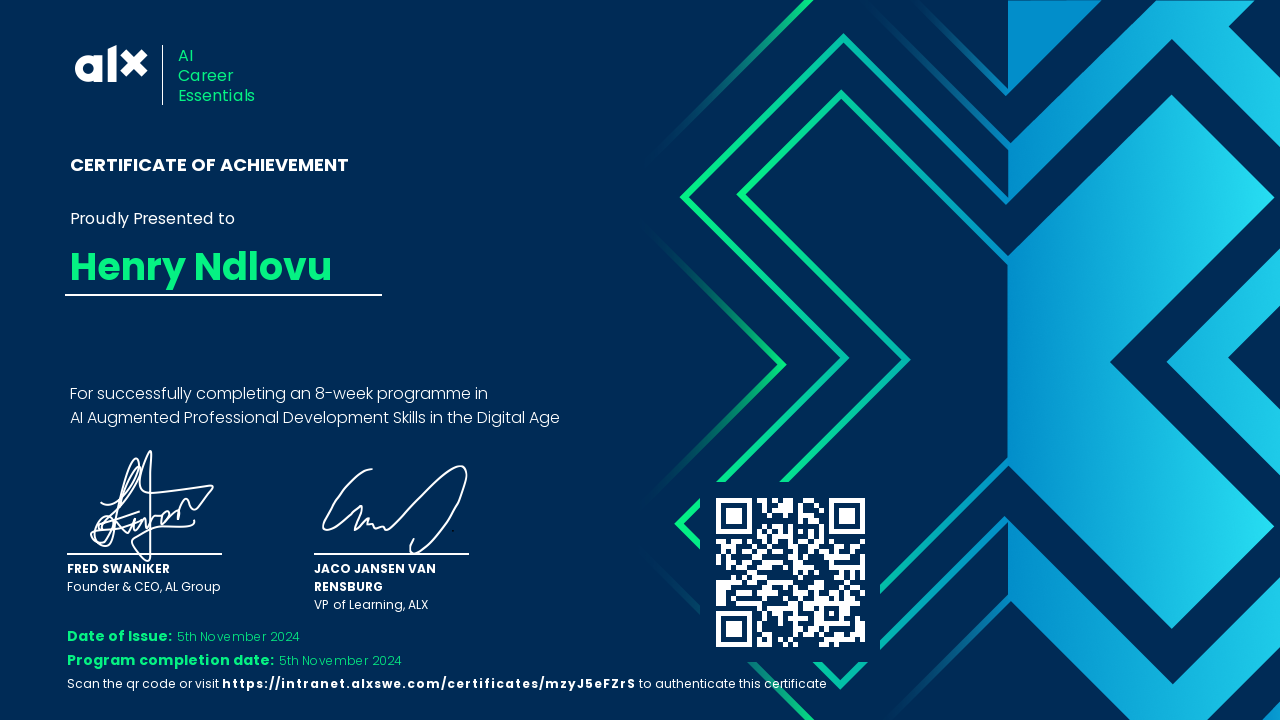 AI Career Essentials certificate awarded to Henry Ndlovu by ALX Africa
