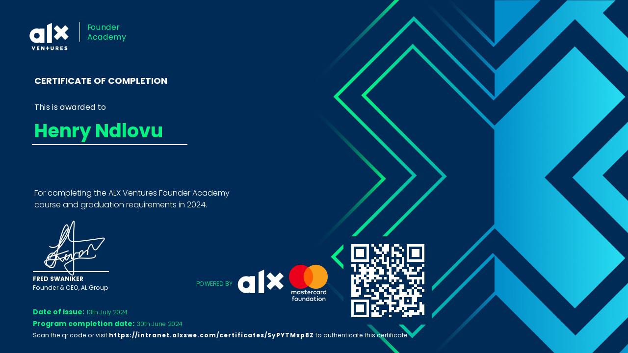 Founder Academy Certificate of Completion certificate awarded to Henry Ndlovu by ALX Ventures