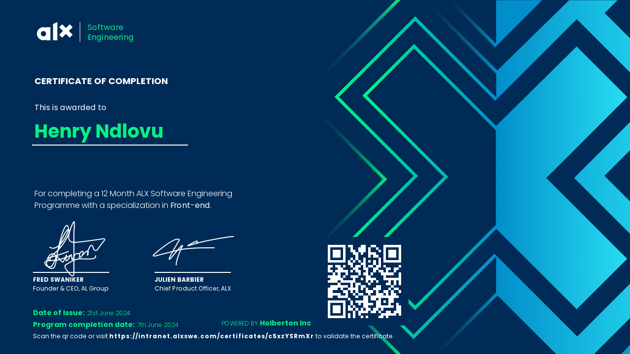 Software Engineering Professional Certificate certificate awarded to Henry Ndlovu by ALX Africa
