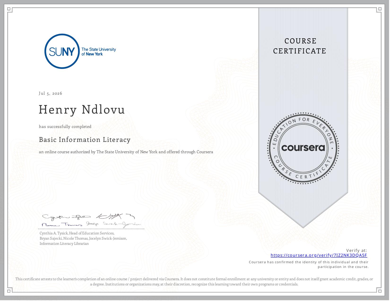 Basic Information Literacy certificate awarded to Henry Ndlovu by The State University of New York, Coursera