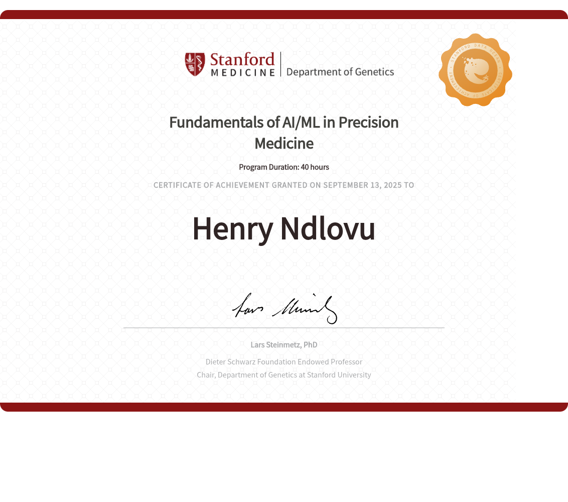 Fundamentals of AI and ML in Precision Medicine certificate awarded to Henry Ndlovu by Stanford University Online
